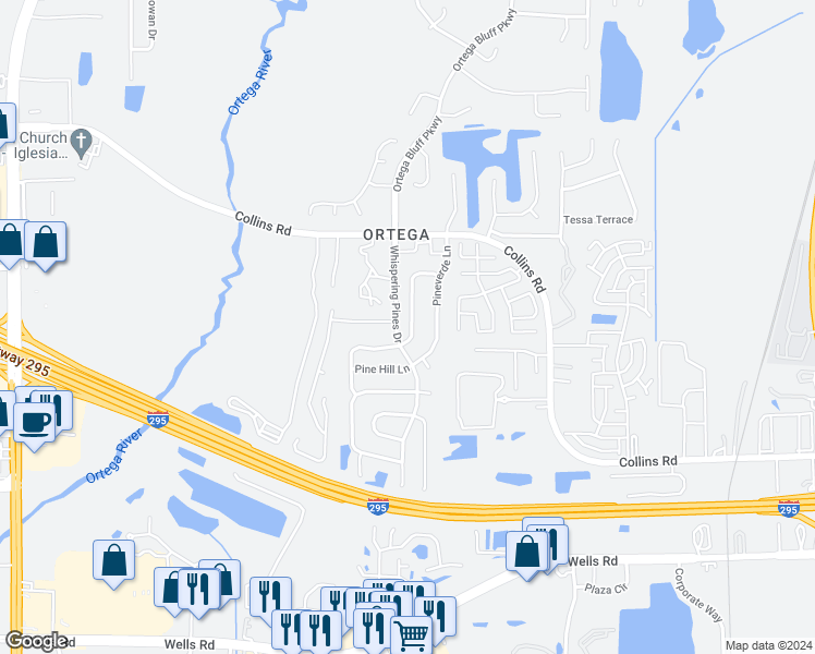 map of restaurants, bars, coffee shops, grocery stores, and more near 8456 Windypine Lane in Jacksonville