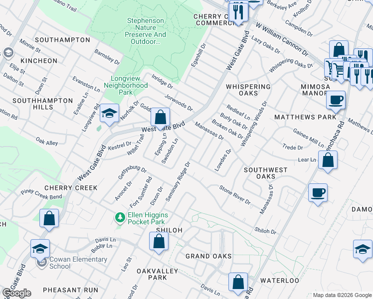 map of restaurants, bars, coffee shops, grocery stores, and more near 2608 Brisbane Road in Austin