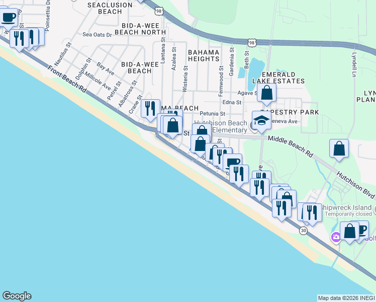 map of restaurants, bars, coffee shops, grocery stores, and more near 13216 Hibiscus Street in Panama City Beach