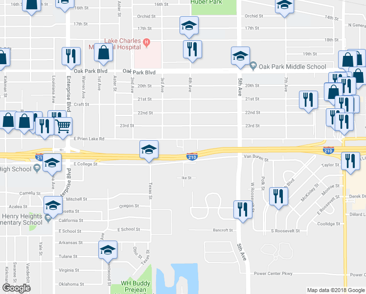 map of restaurants, bars, coffee shops, grocery stores, and more near 3346 Kingham Road in Lake Charles
