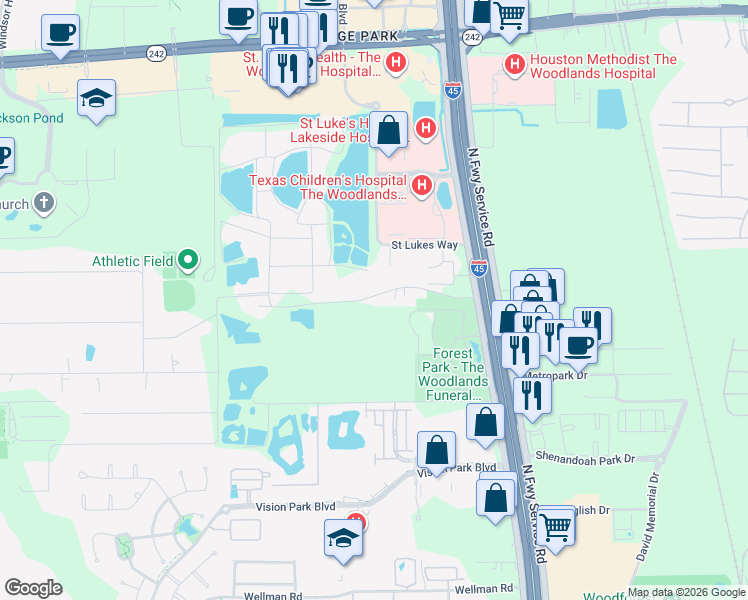 map of restaurants, bars, coffee shops, grocery stores, and more near 504 Catfish Lane in Conroe