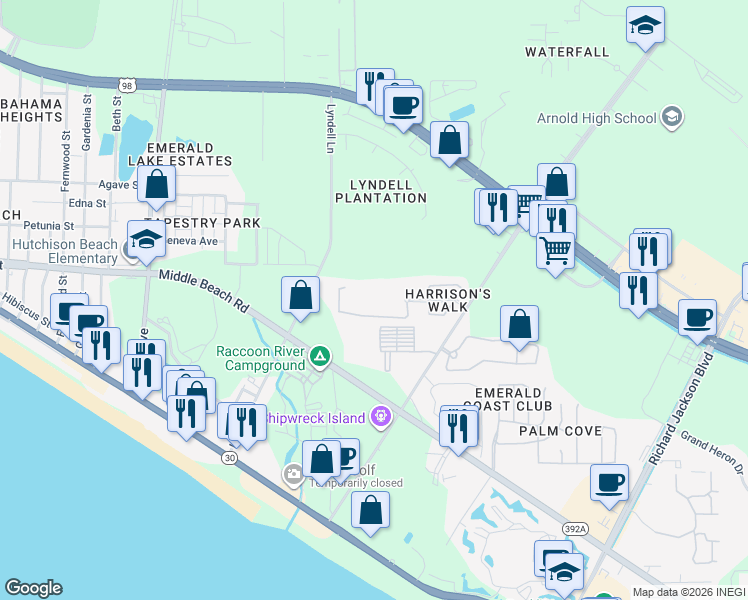 map of restaurants, bars, coffee shops, grocery stores, and more near 300 Cabana Boulevard in Panama City Beach