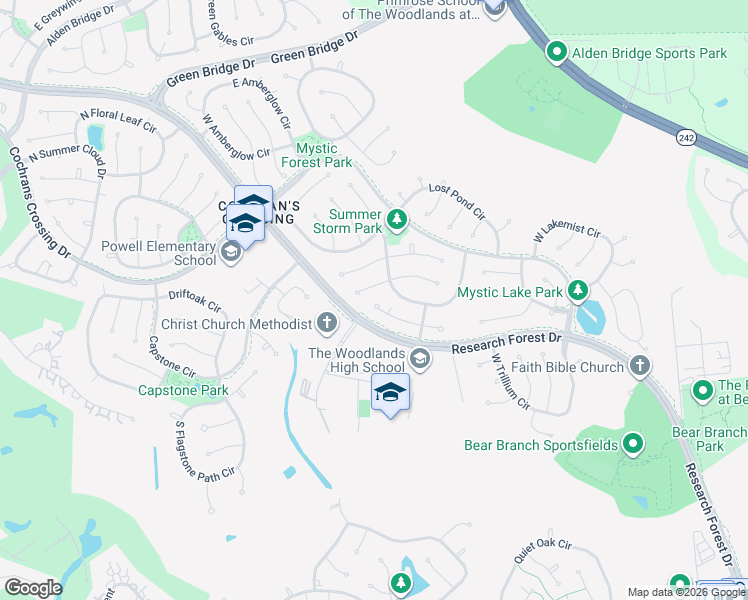 map of restaurants, bars, coffee shops, grocery stores, and more near 26 West Rumplecreek Place in Spring