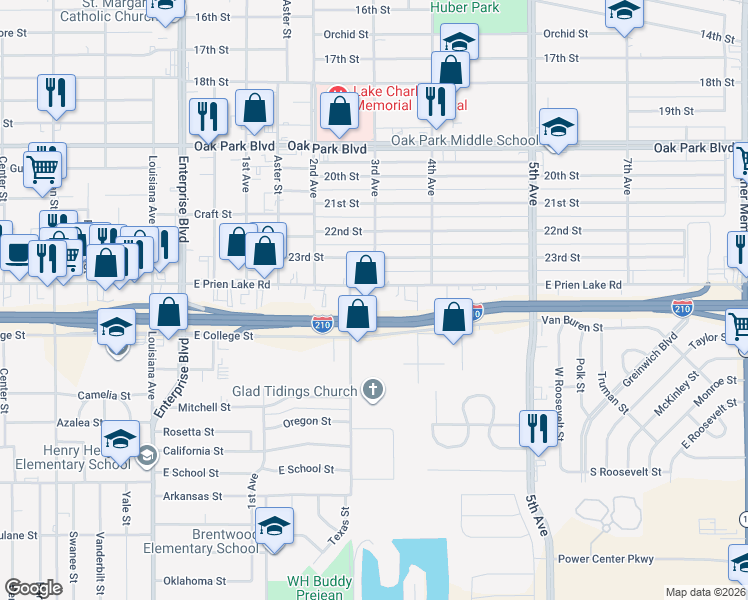 map of restaurants, bars, coffee shops, grocery stores, and more near 1700 E Prien Lake Rd in Lake Charles