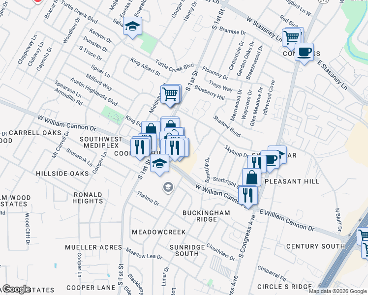 map of restaurants, bars, coffee shops, grocery stores, and more near 600 West William Cannon Drive in Austin