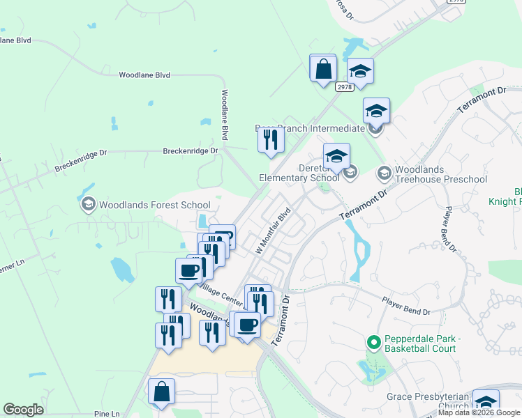 map of restaurants, bars, coffee shops, grocery stores, and more near 70 Panterra Way in Spring