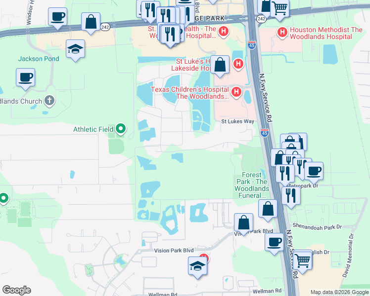map of restaurants, bars, coffee shops, grocery stores, and more near 1096 Hope Road in Conroe