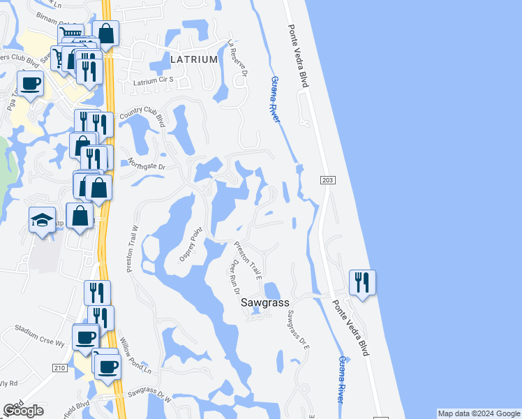 map of restaurants, bars, coffee shops, grocery stores, and more near 44 Tifton Way North in Ponte Vedra Beach