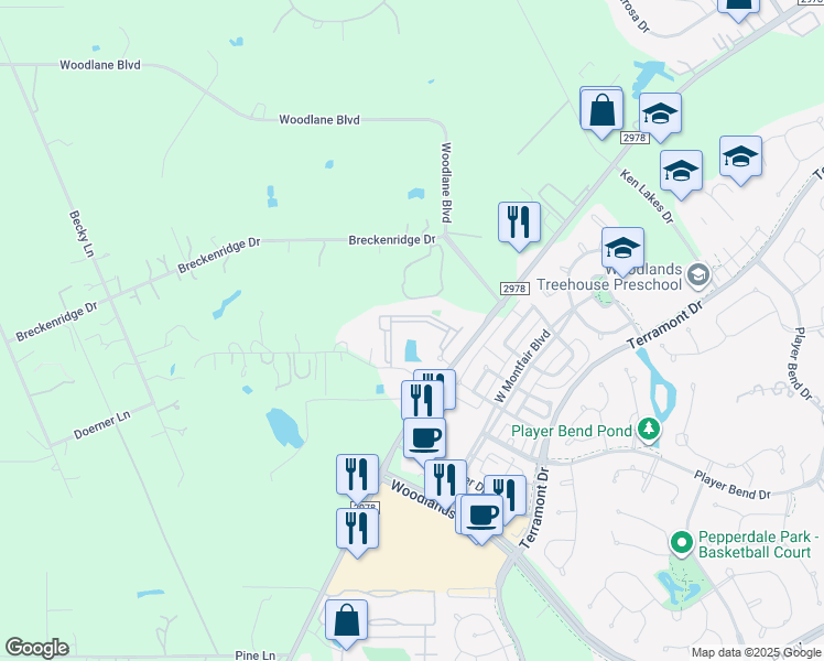 map of restaurants, bars, coffee shops, grocery stores, and more near 30685 Farm to Market Road 2978 in Magnolia