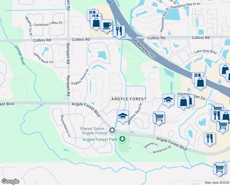 map of restaurants, bars, coffee shops, grocery stores, and more near 8184 Coralberry Lane in Jacksonville