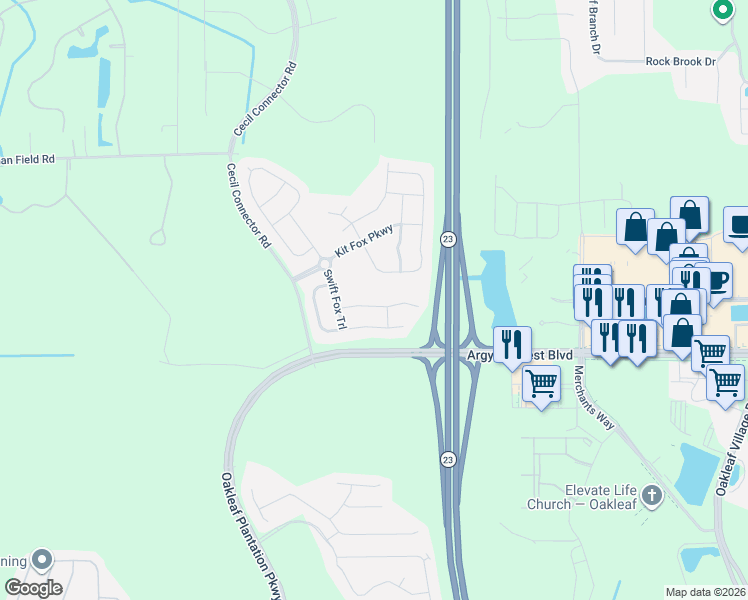 map of restaurants, bars, coffee shops, grocery stores, and more near 10103 Andean Fox Drive in Jacksonville