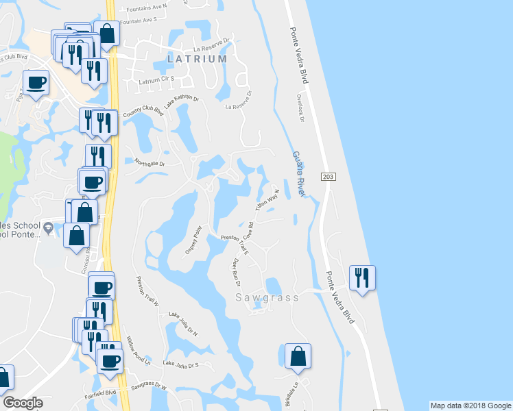 map of restaurants, bars, coffee shops, grocery stores, and more near 57 Tifton Way North in Ponte Vedra Beach