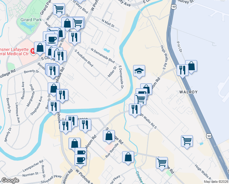 map of restaurants, bars, coffee shops, grocery stores, and more near 502 South Audubon Boulevard in Lafayette