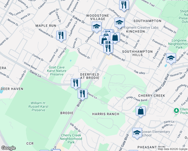 map of restaurants, bars, coffee shops, grocery stores, and more near 8701 Brodie Lane in Austin