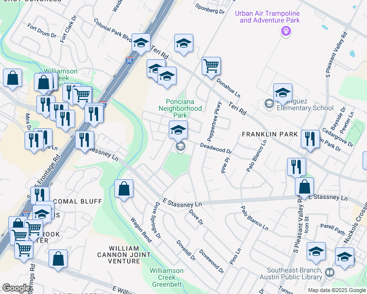 map of restaurants, bars, coffee shops, grocery stores, and more near 5409 Ponciana Drive in Austin
