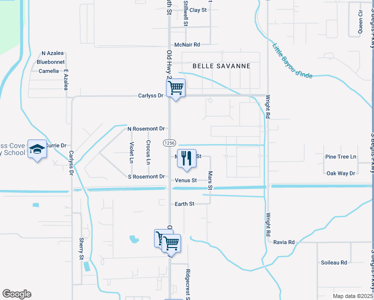 map of restaurants, bars, coffee shops, grocery stores, and more near 135 Mercury St in Sulphur