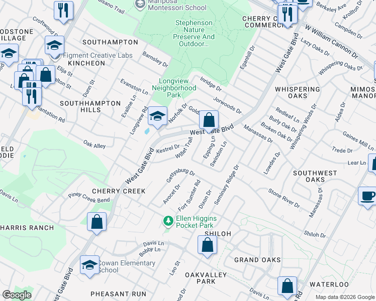 map of restaurants, bars, coffee shops, grocery stores, and more near 8001 Willet Trail in Austin