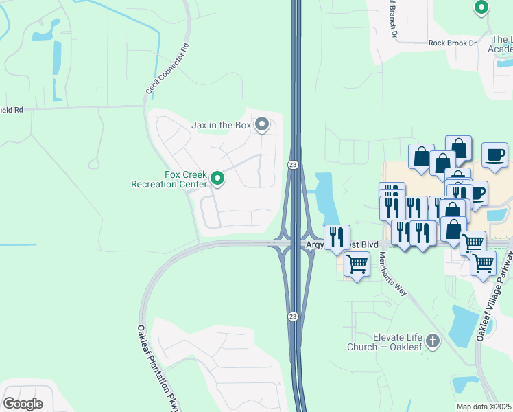 map of restaurants, bars, coffee shops, grocery stores, and more near 10049 Andean Fox Drive in Jacksonville