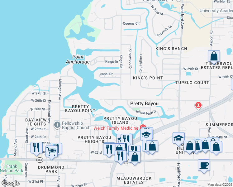 map of restaurants, bars, coffee shops, grocery stores, and more near 2924 West 27th Court in Panama City