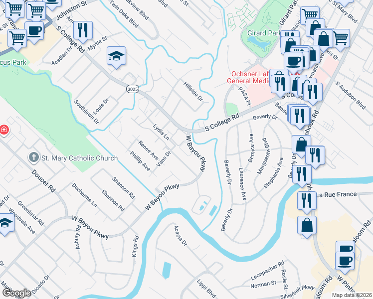 map of restaurants, bars, coffee shops, grocery stores, and more near 110 West Bayou Parkway in Lafayette