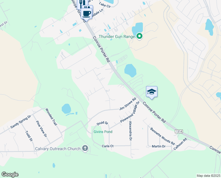 map of restaurants, bars, coffee shops, grocery stores, and more near 17429 Carter Lane in Conroe