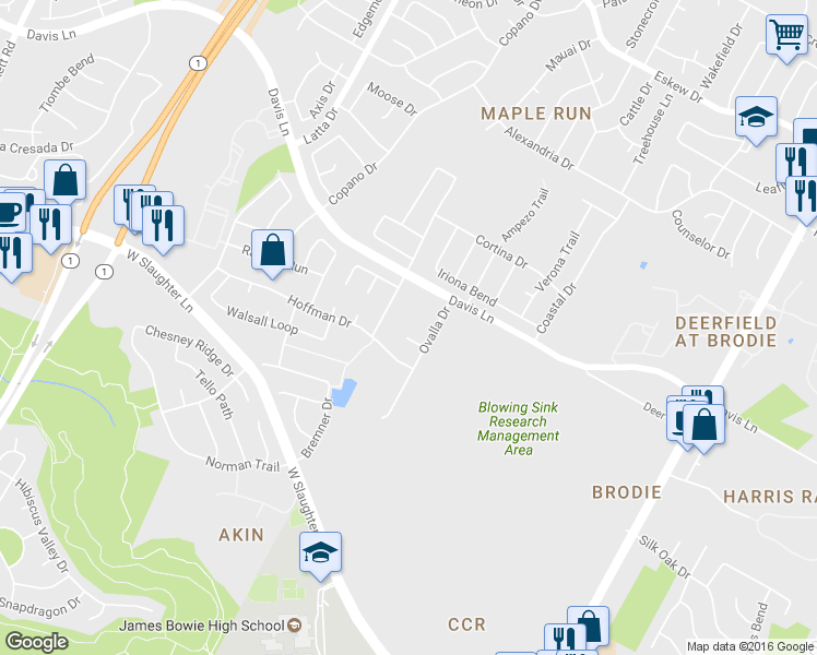 map of restaurants, bars, coffee shops, grocery stores, and more near 4212 Ovalla Cove in Austin