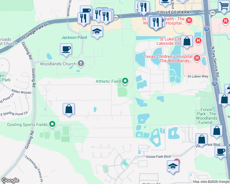 map of restaurants, bars, coffee shops, grocery stores, and more near 17793 East Loop Road in Conroe