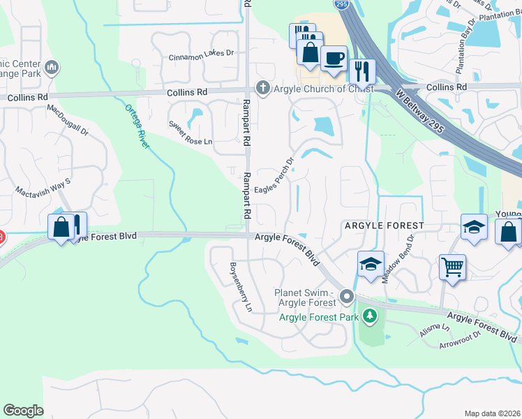 map of restaurants, bars, coffee shops, grocery stores, and more near 8327 Argyle Corners Court in Jacksonville