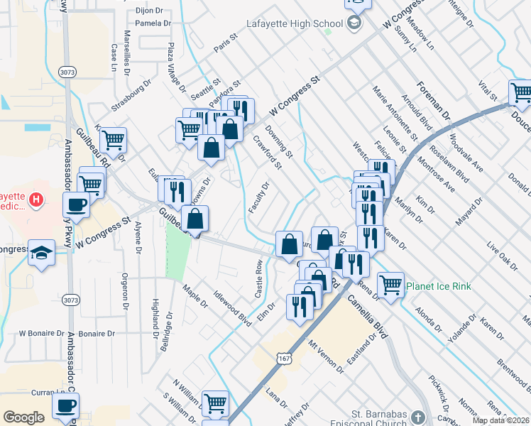 map of restaurants, bars, coffee shops, grocery stores, and more near 110 Sorority Drive in Lafayette
