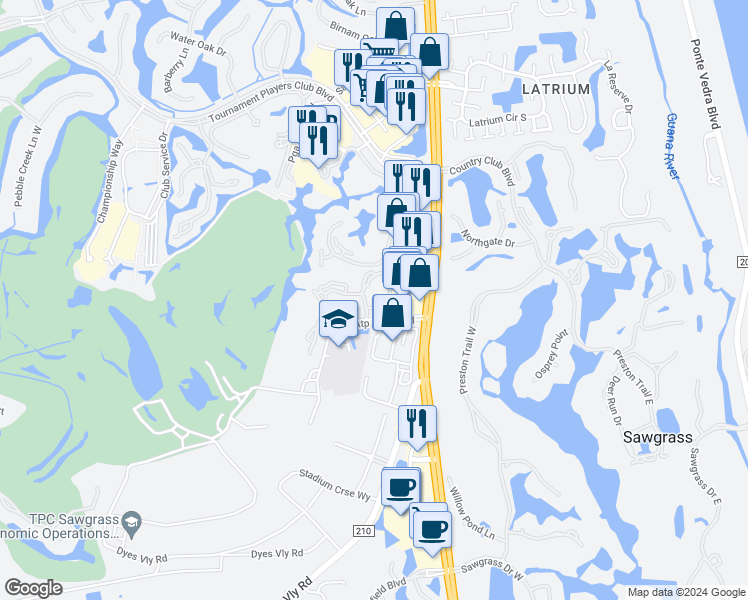 map of restaurants, bars, coffee shops, grocery stores, and more near 211 Colima Court in Ponte Vedra Beach