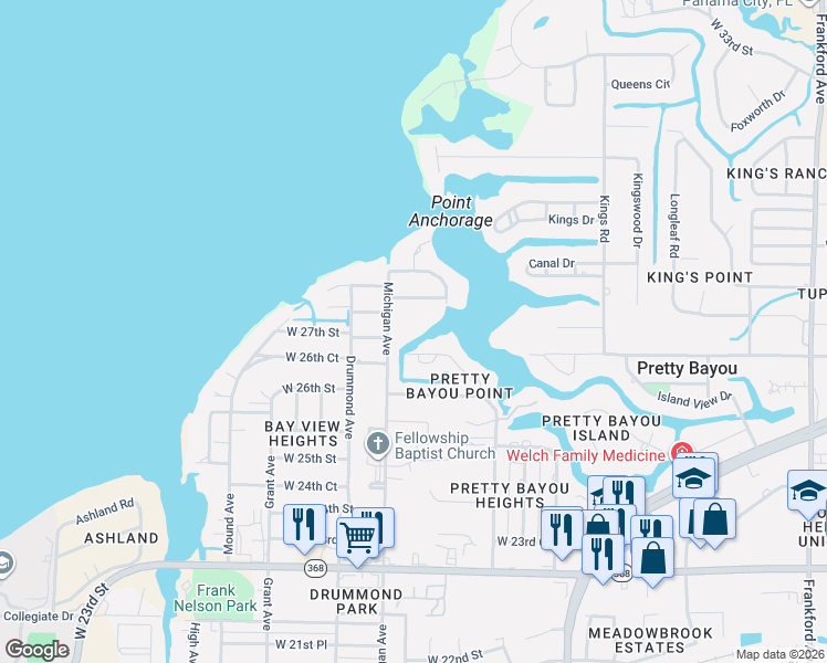 map of restaurants, bars, coffee shops, grocery stores, and more near 2454 Pretty Bayou Blvd in Panama City