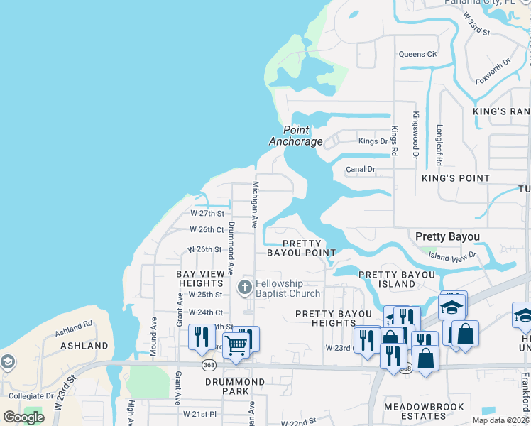 map of restaurants, bars, coffee shops, grocery stores, and more near 2454 Pretty Bayou Blvd in Panama City