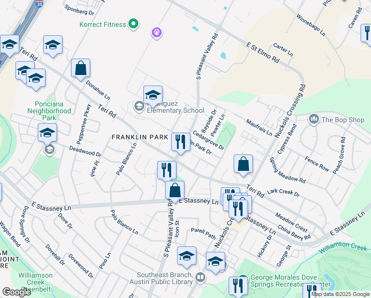 map of restaurants, bars, coffee shops, grocery stores, and more near 4603 Franklin Park Drive in Austin