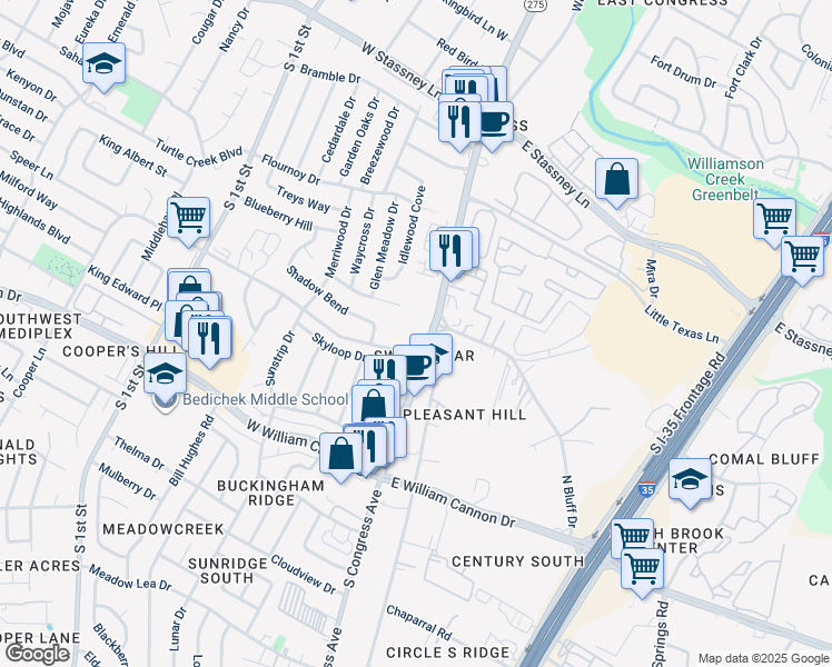 map of restaurants, bars, coffee shops, grocery stores, and more near 6300 South Congress Avenue in Austin