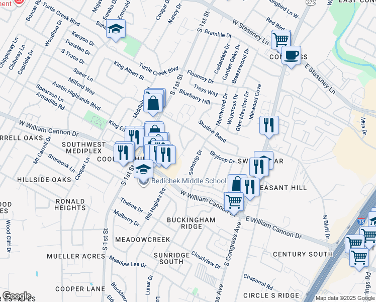 map of restaurants, bars, coffee shops, grocery stores, and more near 6501 Bradsher Drive in Austin