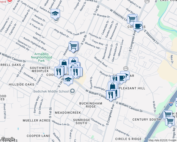 map of restaurants, bars, coffee shops, grocery stores, and more near 6501 Bradsher Drive in Austin