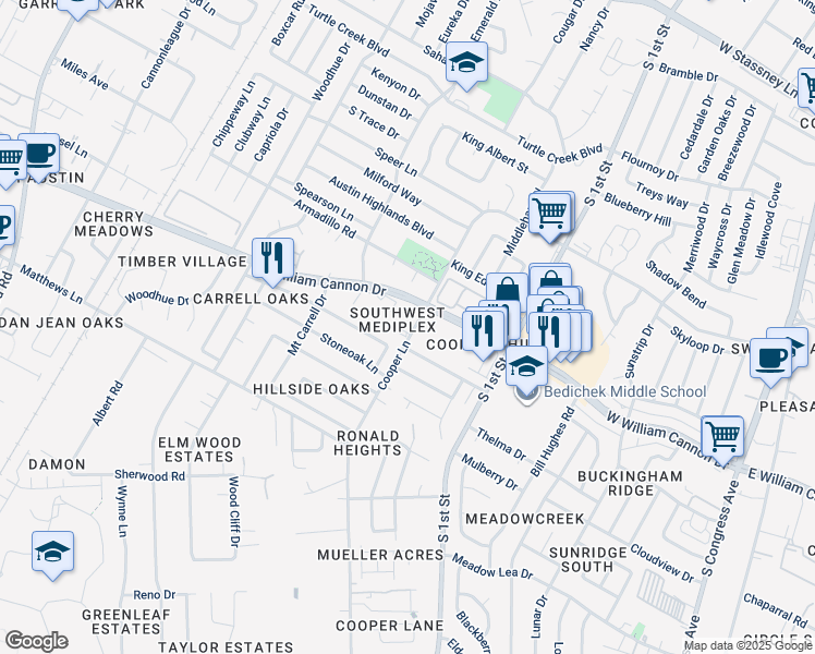 map of restaurants, bars, coffee shops, grocery stores, and more near 1015 West William Cannon Drive in Austin