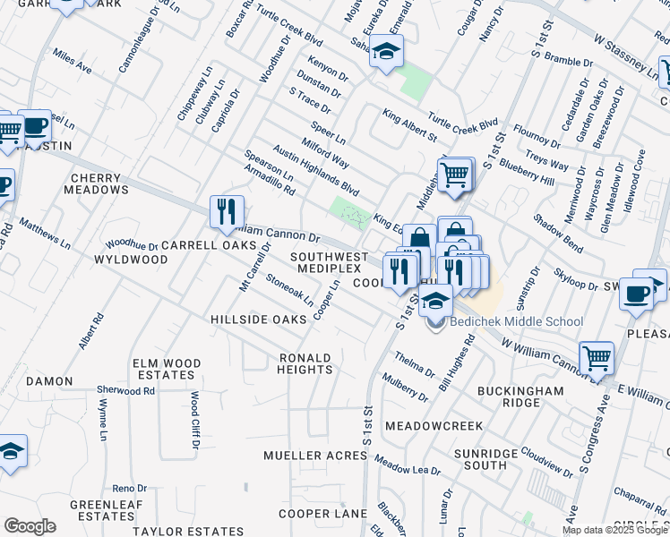 map of restaurants, bars, coffee shops, grocery stores, and more near 1015 West William Cannon Drive in Austin