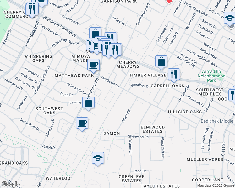 map of restaurants, bars, coffee shops, grocery stores, and more near 1701 Matthews Lane in Austin