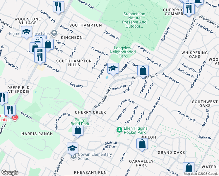 map of restaurants, bars, coffee shops, grocery stores, and more near 8112 West Gate Boulevard in Austin