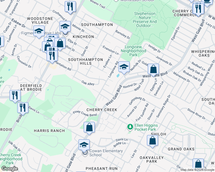map of restaurants, bars, coffee shops, grocery stores, and more near 8109 Longview Road in Austin