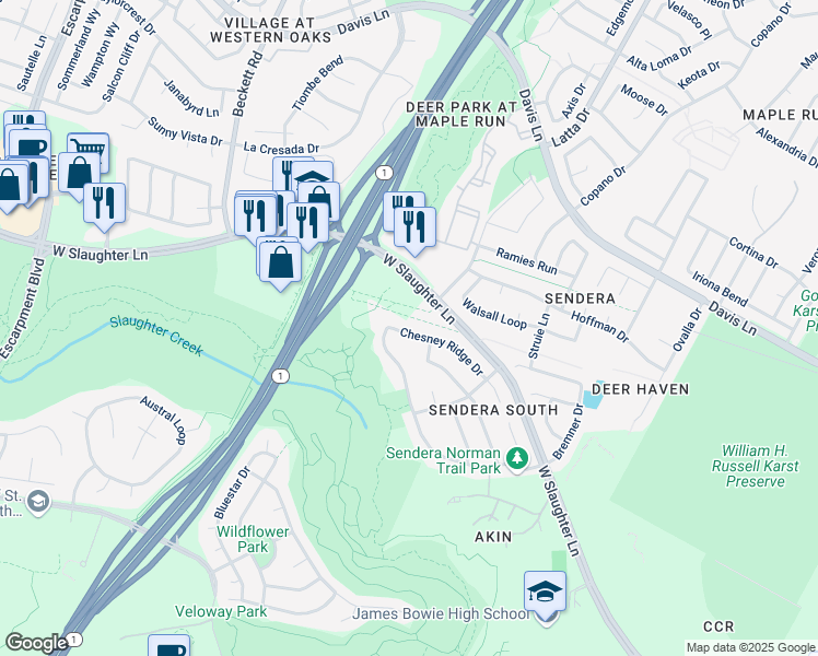 map of restaurants, bars, coffee shops, grocery stores, and more near 4832 Chesney Ridge Drive in Austin