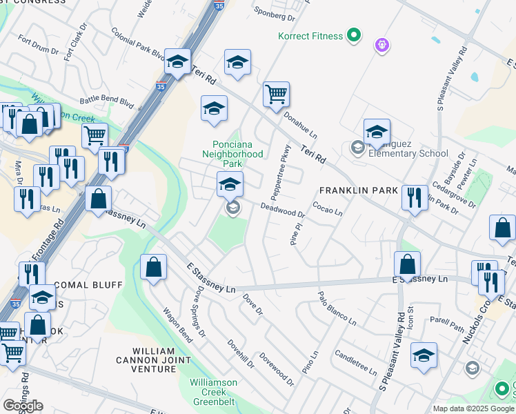 map of restaurants, bars, coffee shops, grocery stores, and more near 2201 Deadwood Drive in Austin