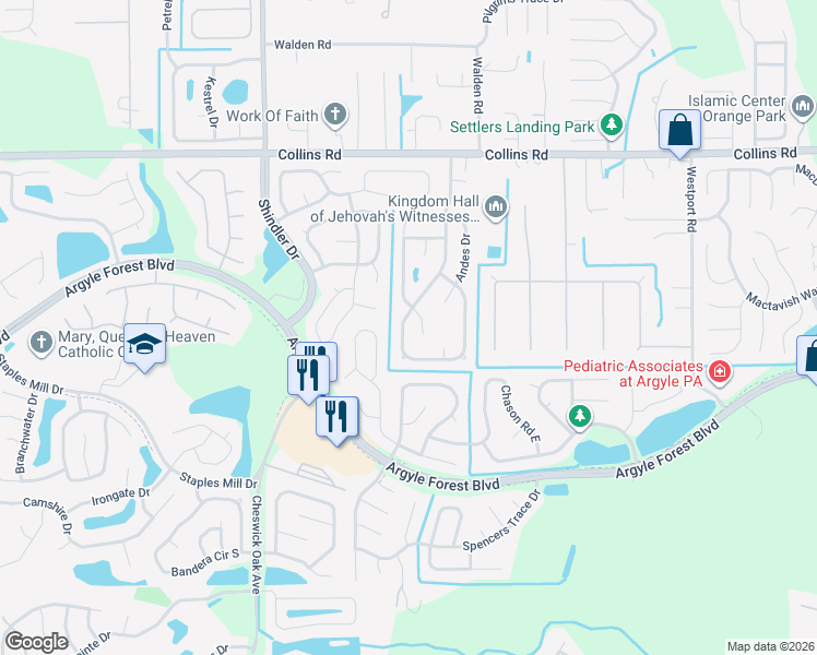 map of restaurants, bars, coffee shops, grocery stores, and more near 7844 Pikes Peak Drive in Jacksonville