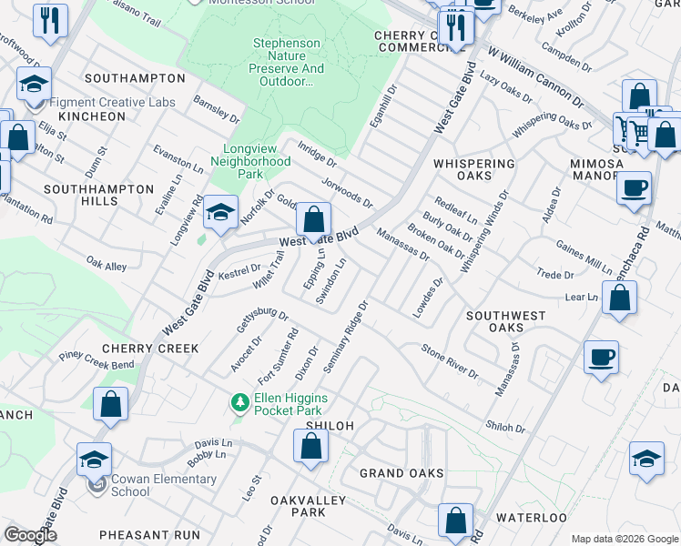 map of restaurants, bars, coffee shops, grocery stores, and more near 7808 Swindon Lane in Austin