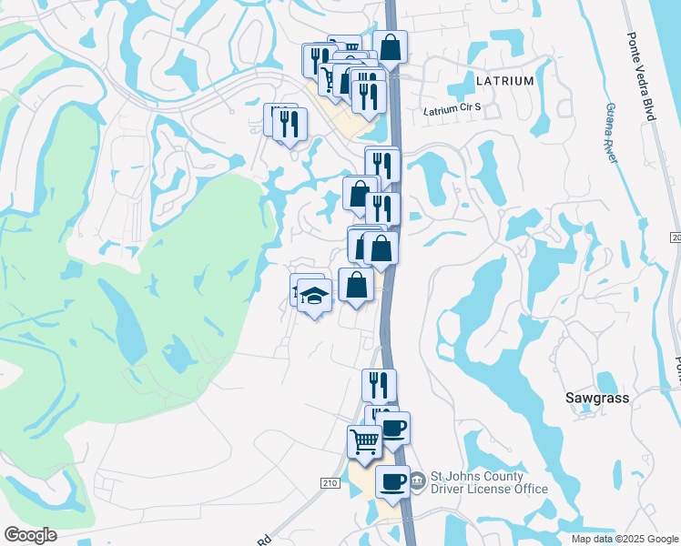 map of restaurants, bars, coffee shops, grocery stores, and more near 201 Colima Court in Ponte Vedra Beach