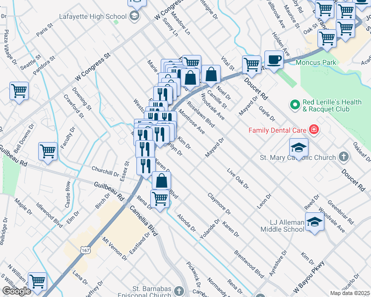 map of restaurants, bars, coffee shops, grocery stores, and more near 110 Kim Drive in Lafayette
