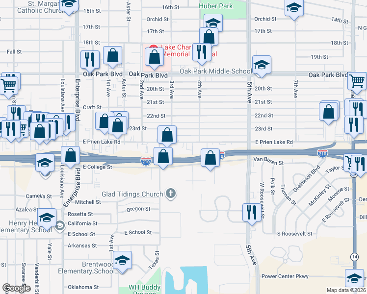 map of restaurants, bars, coffee shops, grocery stores, and more near 1810 E Prien Lake Rd in Lake Charles