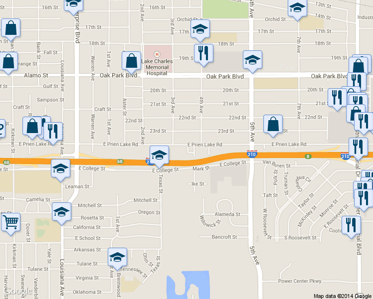 map of restaurants, bars, coffee shops, grocery stores, and more near 1810 East Prien Lake Road in Lake Charles