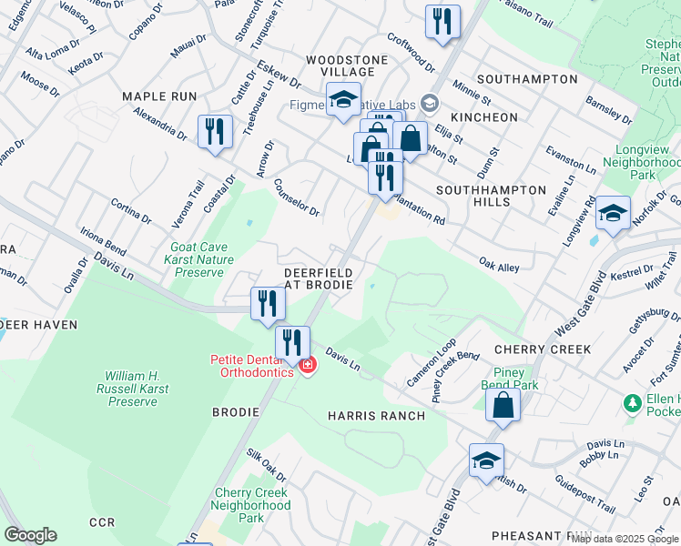 map of restaurants, bars, coffee shops, grocery stores, and more near 8701 Brodie Lane in Austin